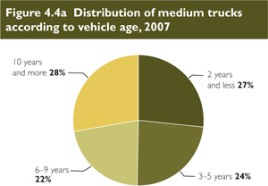 Distribution of medium trucks according to vehicle age, 2007.