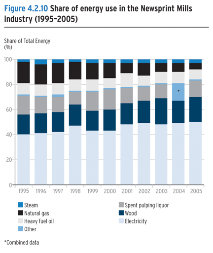 Share of energy use in the Newsprint Mills industry (1995&ndash;2005).