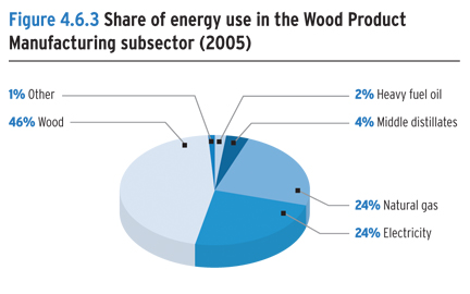 Share of energy use in the Wood Product Manufacturing subsector (2005).